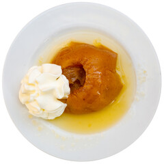Restaurant has prepared simple, healthy and delicious dessert - baked apple, decorated with ice...