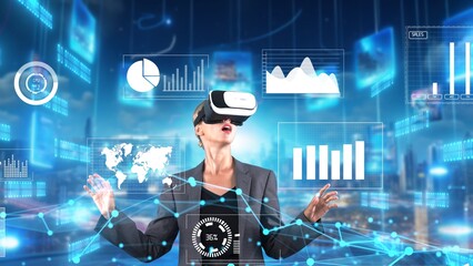 Woman reporter explaining dynamic market data calculated analysis pointing big data business by VR...