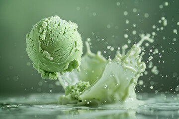 An isolated green ice cream ball suspended in the air, surrounded by a captivating splash frozen in time.