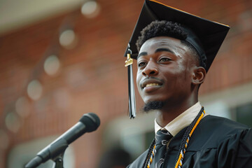 A young black male valedictorian giving a speech at his college graduation ceremony. He's wearing the traditional cap and gown and is speaking into a microphone