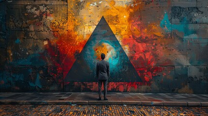 Contemporary Art Collage Featuring a Businessman Facing a Vibrant Triangle Mural