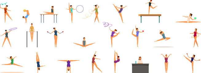Artistic gymnast performance icons set cartoon vector. Sport balance. Flexible equipment