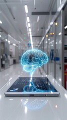 Illustration of a 3D hologram of the human brain in blue color on a white table background. Brain hologram in smart healthcare technology scene on a mobile device.