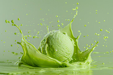 An isolated green ice cream ball defying gravity, surrounded by a dynamic and captivating splash frozen in time.