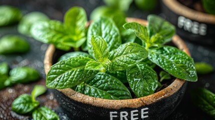 Fresh Mint Leaves in Rustic Pot with FREE Text, Ideal for Organic and Herbal Themes