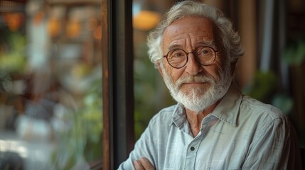 Portrait of a Happy Senior Man With Glasses in a Cozy Cafe Environment