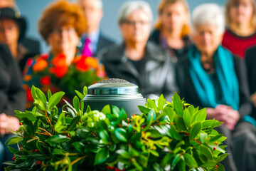 A metal urn with ashes of a dead person on a funeral, with people mourning in the background on a memorial service. Sad grieving moment at the end of a life. Last farewell to a person in an urn.