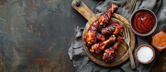 Grilled BBQ chicken wings and legs presented on a circular wooden cutting board alongside two sauces, salt, and a vintage meat fork, on a gray fabric over a dark wooden surface.