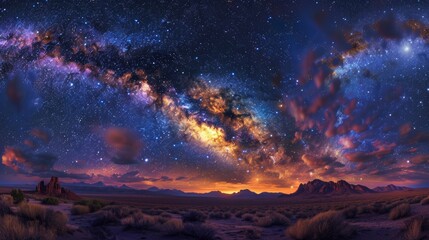 Fototapeta premium An enchanting starscape of the galaxy stretches infinitely above desert sands and iconic rock formations, merging earthly landscapes with cosmic splendor