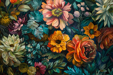 An up-close capture of an oil-on-canvas masterpiece depicting a variety of plants and flowers,...