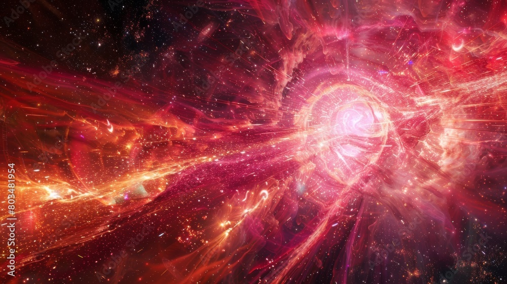 Aufkleber An intense and dynamic representation of space, featuring exploding stars and vibrant galactic formations in a blend of reds and golds