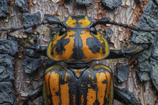 Hyperreal images of a goliath beetle on tree bark, extreme close up macro shot, perfect for high detail wall art and prints.