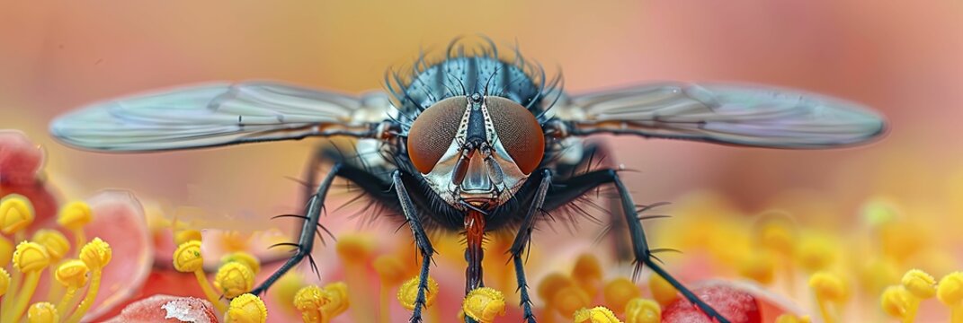 Hyperreal images of a housefly on food, high magnification macro shot, perfect for hygiene and food safety campaigns.