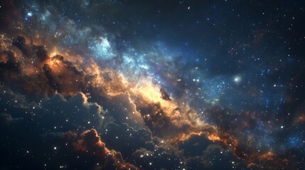 A close-up, dramatic view of cosmic clouds and stars forming the shape and colors of a distant galaxy