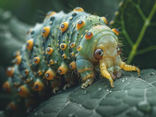 Hyperreal images of a silkworm on mulberry leaf, detailed macro photo, suitable for silk fabric manufacturers.
