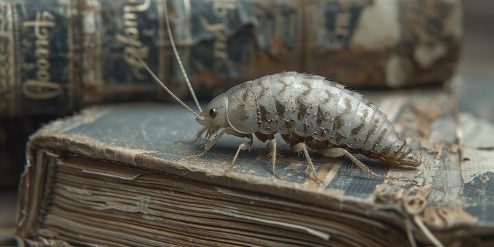 Hyperreal images of a silverfish in old books, close up macro shot for pest control and book preservation products.