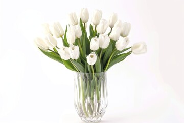 A vase filled with white tulips on a white background