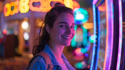 A smiling young woman in casual clothing enjoys the colorful and vibrant atmosphere of an arcade