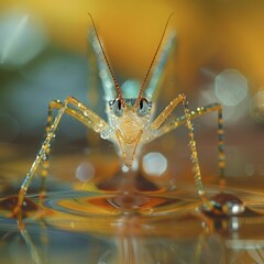 Hyperreal images of a water strider on surface tension, high detail macro photography, suitable for physics education tools.