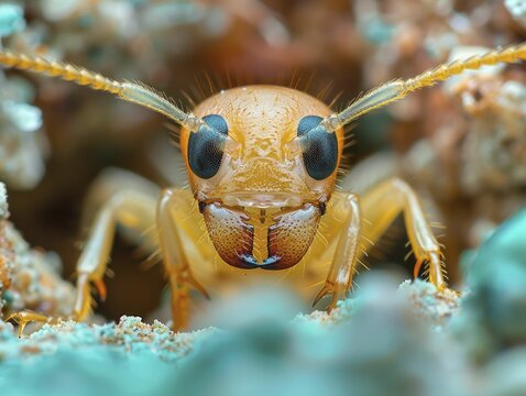Explore detailed hyperreal images capturing a termite queen in her colony, ideal for entomology studies and educational showcases.