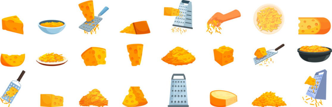 Grated cheese icons set cartoon vector. Recipes menu. Decor cafe food