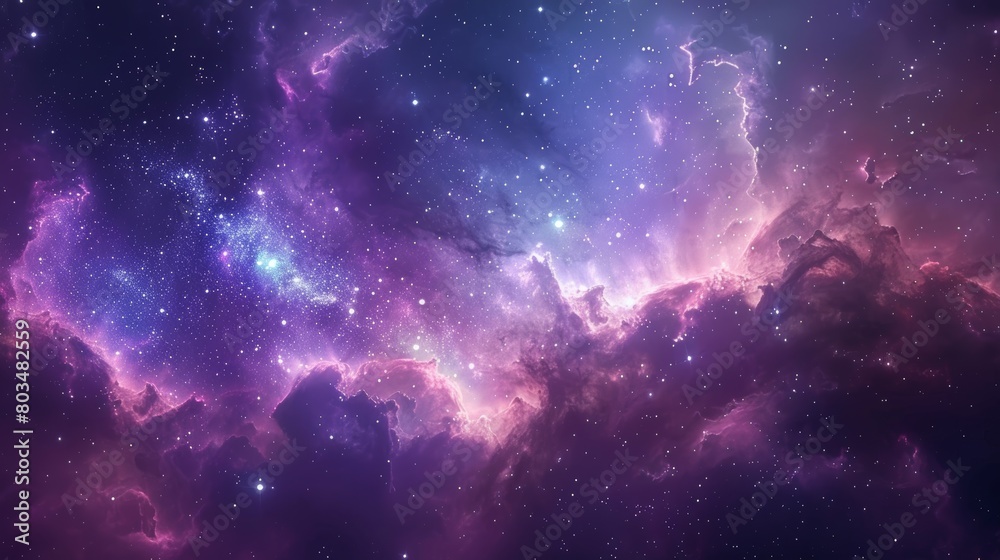 Poster a captivating image of a majestic purple nebula, lit by the glow of countless stars in its folds