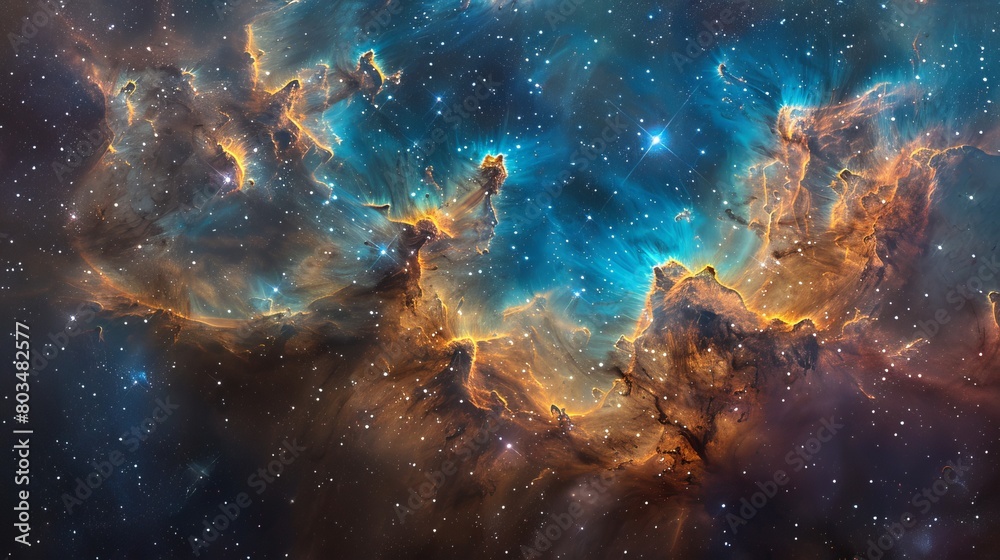 Poster this stunning composition captures a vibrant nebula with glistening star clusters in resplendent col