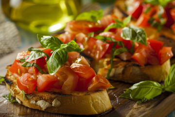 An image showcasing a classic tomato bruschetta, with ripe tomatoes, fresh basil, and a drizzle of olive oil on grilled bread - Generative AI - Powered by Adobe