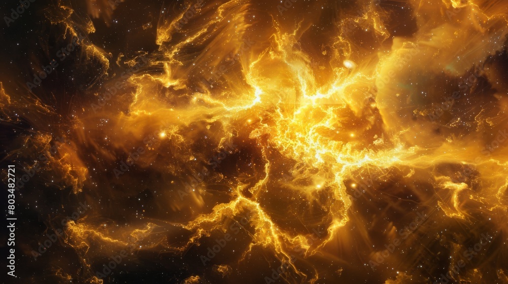 Poster A visually captivating image of a nebula with intricate patterns of fiery golds and luminous reds, invoking the vastness of space