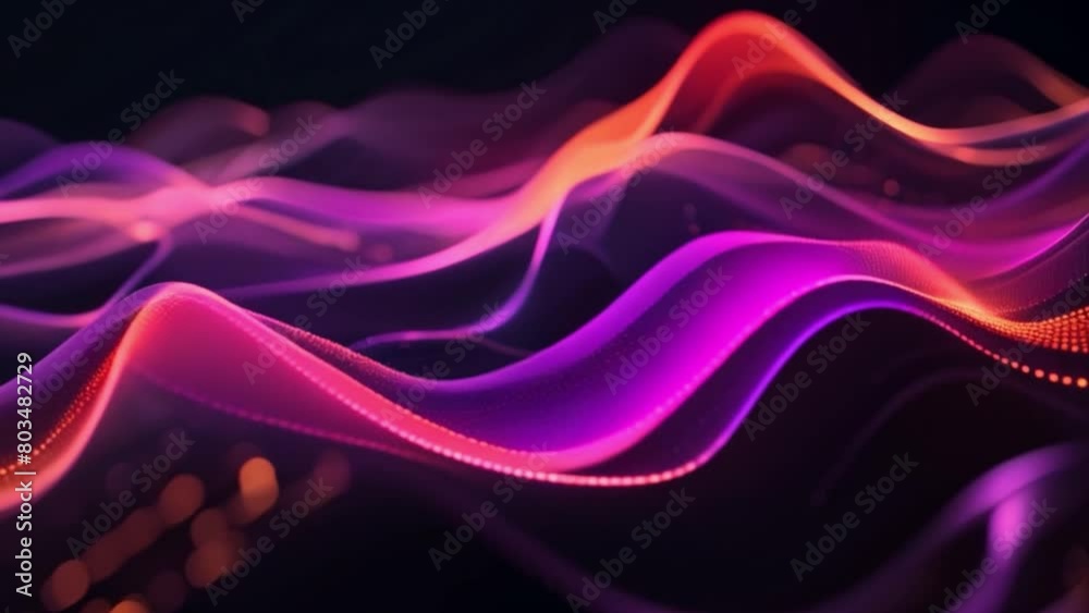 Poster sinuous digital light waves interlaced with bright particles against a dark purple backdrop.