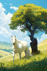 A white horse under a big tree illustrated