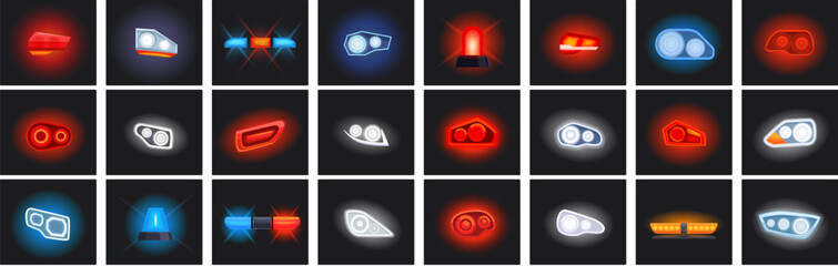 Glow car headlight beams icons set cartoon vector. Flare siren. Vehicle headlamp