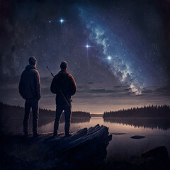 Two guys watching star falling