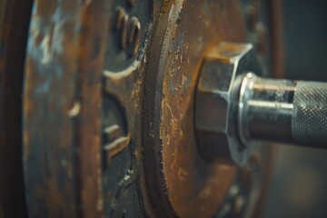 This image focuses on the textured surface of a rusty barbell, highlighting the concept of strength and the passage of time in a gym setting