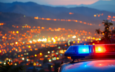 Blue and red light flasher atop of a police car. City lights on the background.