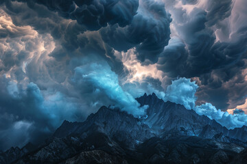 Dark storm clouds swirling above a majestic mountain range.