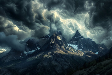 Dark storm clouds swirling above a majestic mountain range. - obrazy, fototapety, plakaty