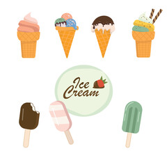 Ice cream set, outline set vector illustration. Summer food, soft ice cream balls of dessert in cups and waffle cone