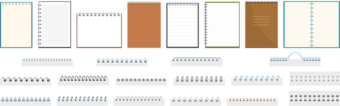 Sketchbook bindings rings icons set cartoon vector. Metal coils. Planner cover