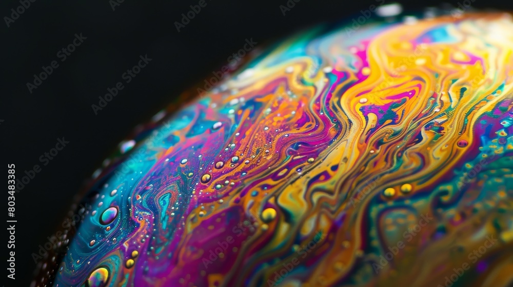 Poster A detailed macro view of an abstract bubble's surface, highlighting the rich colors and intricate patterns