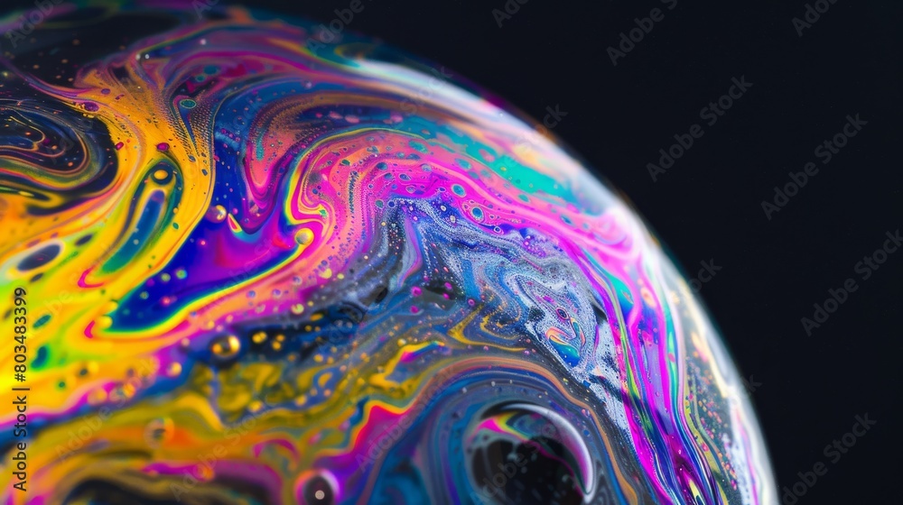 Poster Abstract macro shot capturing the vivid colors and swirling patterns of a liquid bubble, resembling a cosmic galaxy