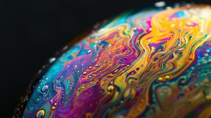 Obraz premium A detailed macro view of an abstract bubble's surface, highlighting the rich colors and intricate patterns