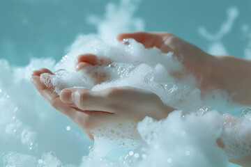 Delicate hands enveloped in a voluminous cloud of soap foam, their tranquility mirrored by a soothing light blue background.