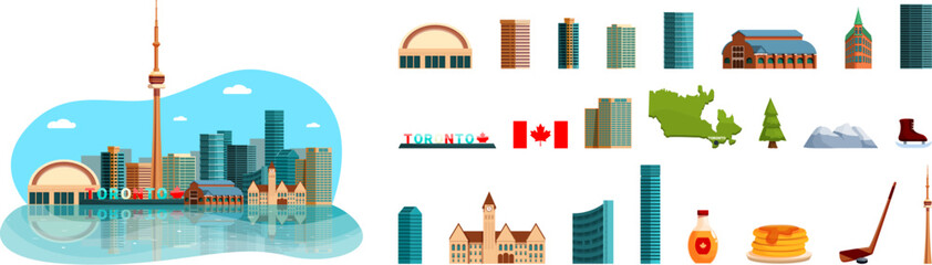 Toronto icons set cartoon vector. Skyline street. Downtown travel