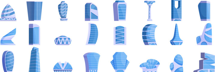 Futuristic metropolis architecture icons set cartoon vector. Future shape. Tower city