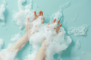 Delicate hands immersed in a cloud of soap foam on a serene light blue backdrop.