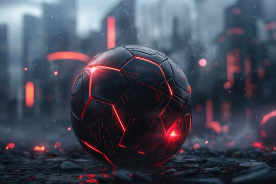 Soccer ball with neon lights on dark background. Close-up.