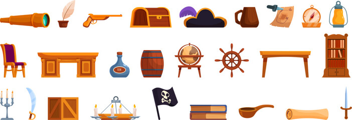 Pirate ship cabin icons set cartoon vector. Wooden desk. Treasure map shelf