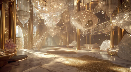 a magical interior where prismatic crystals, sparkling chandeliers. Generative Ai