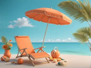  Orange beach chair with summer accessories on turquoise blue background design 3D Rendering, 3D Illustration 